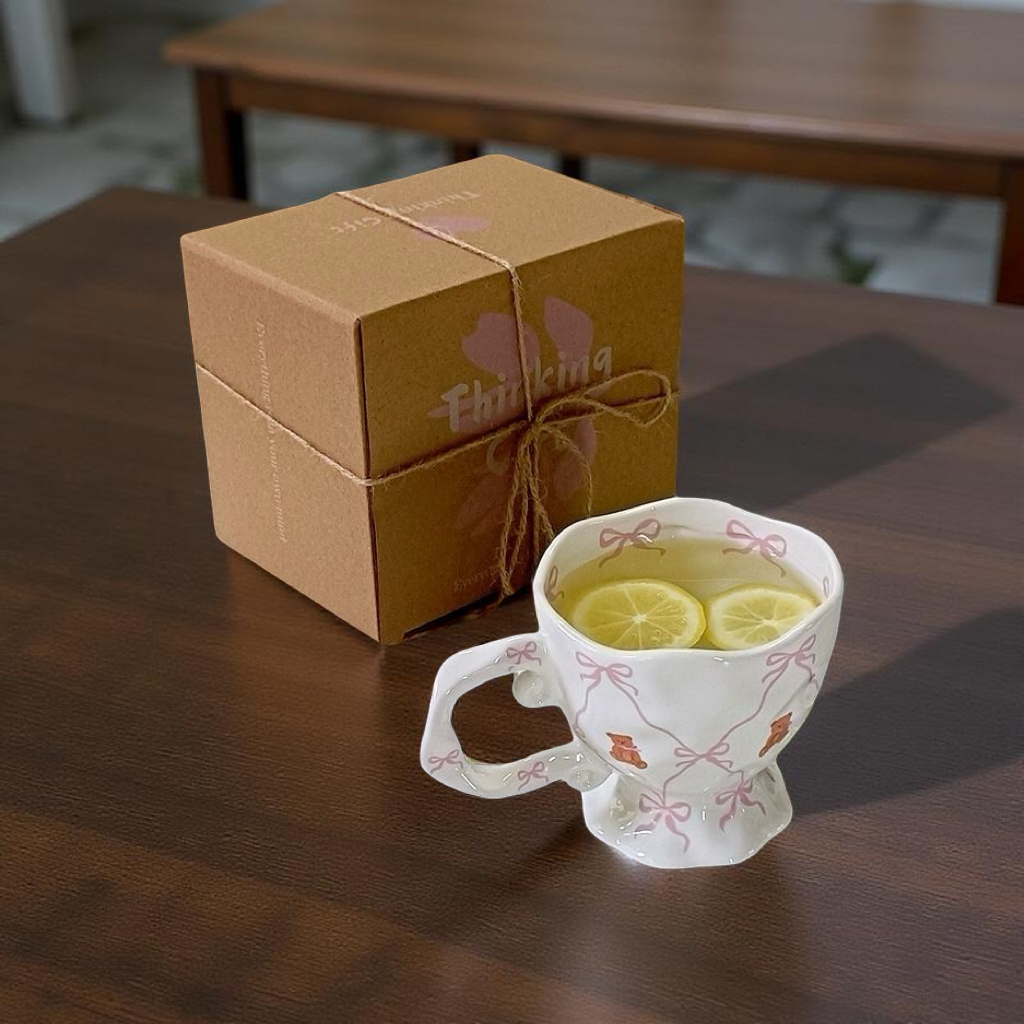 Teddy Bow Coquette Mug – Pink Vintage Ceramic Cup