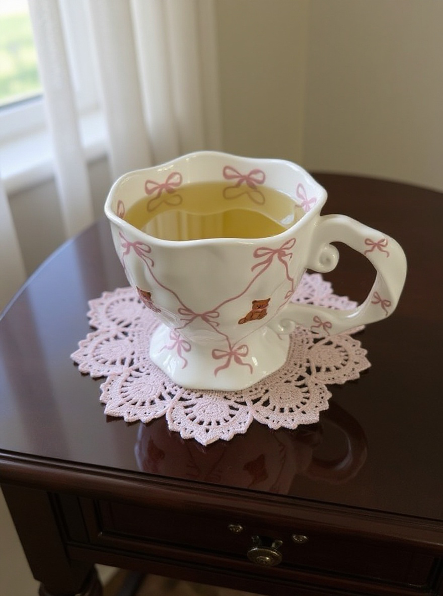 Teddy Bow Coquette Mug – Pink Vintage Ceramic Cup