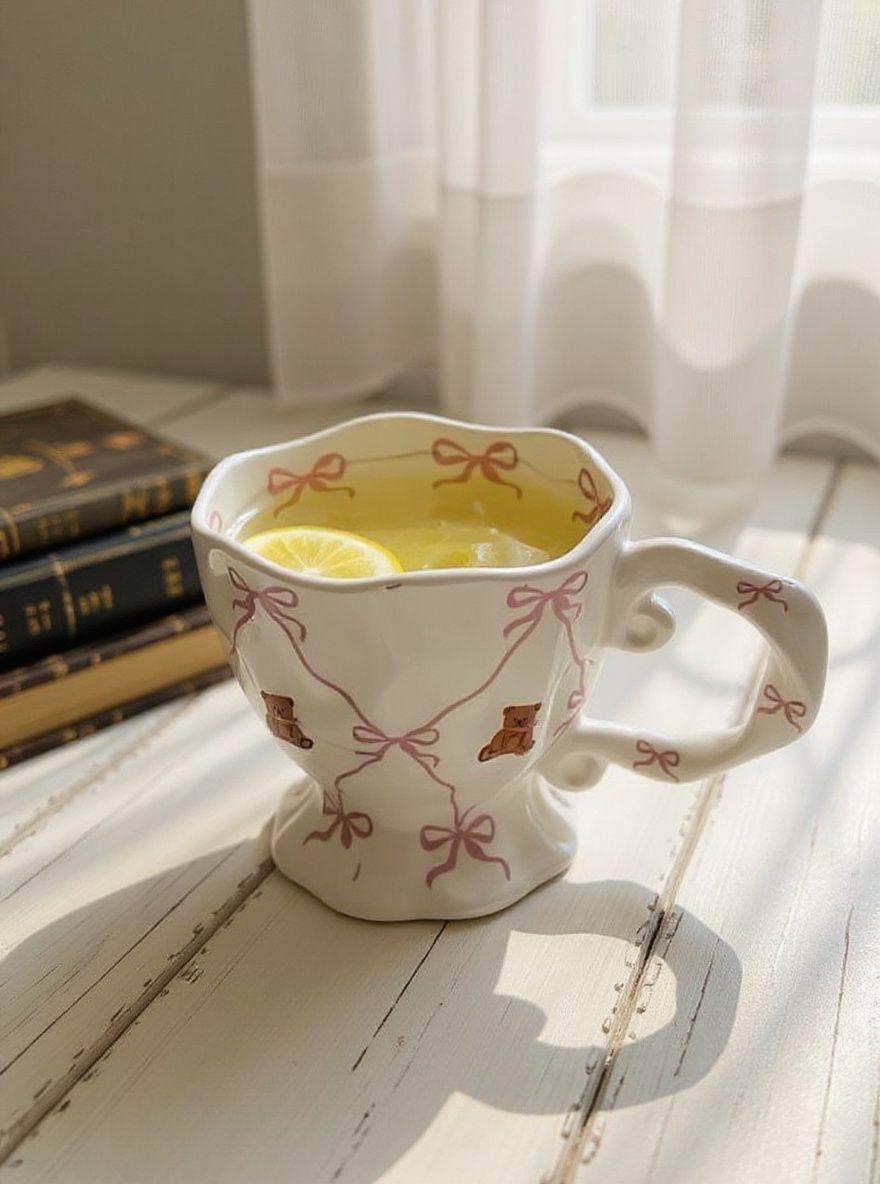 Teddy Bow Coquette Mug – Pink Vintage Ceramic Cup