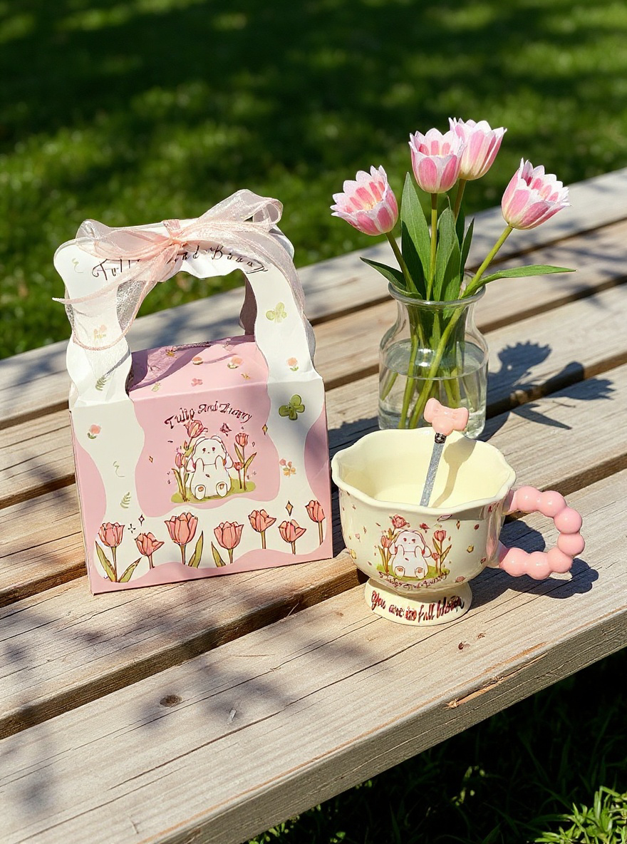 Coquette Tulip & Bunny Ceramic Mug – Pink Bead Handle + Bow Spoon