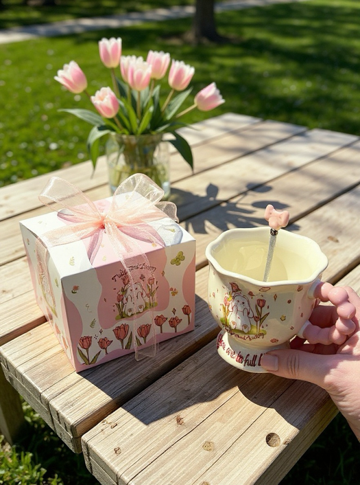 Coquette Tulip & Bunny Ceramic Mug – Pink Bead Handle + Bow Spoon