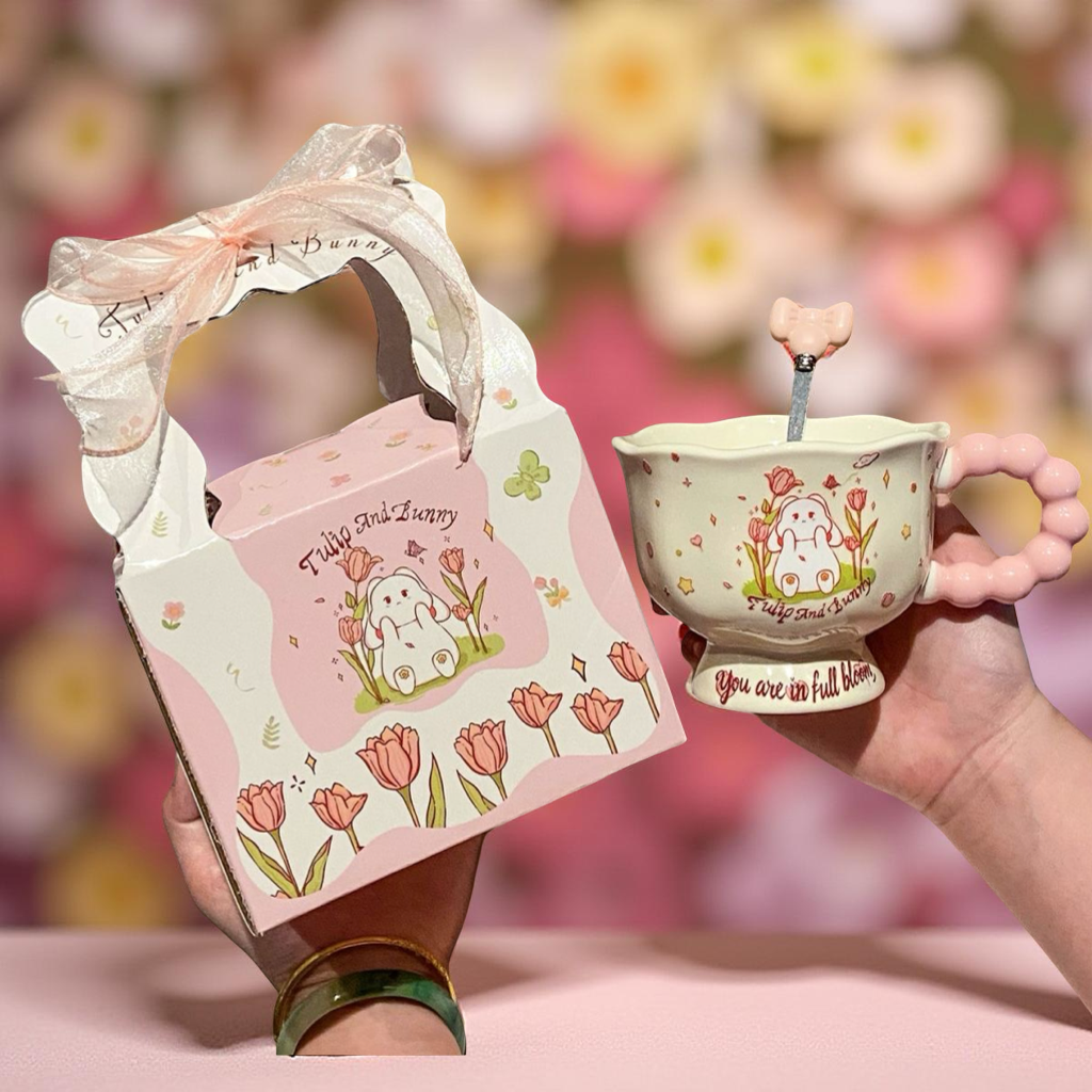 Coquette Tulip & Bunny Ceramic Mug – Pink Bead Handle + Bow Spoon