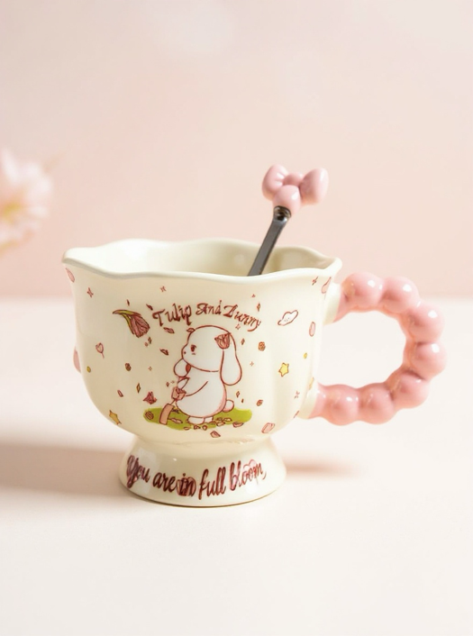 Coquette Tulip & Bunny Ceramic Mug – Pink Bead Handle + Bow Spoon