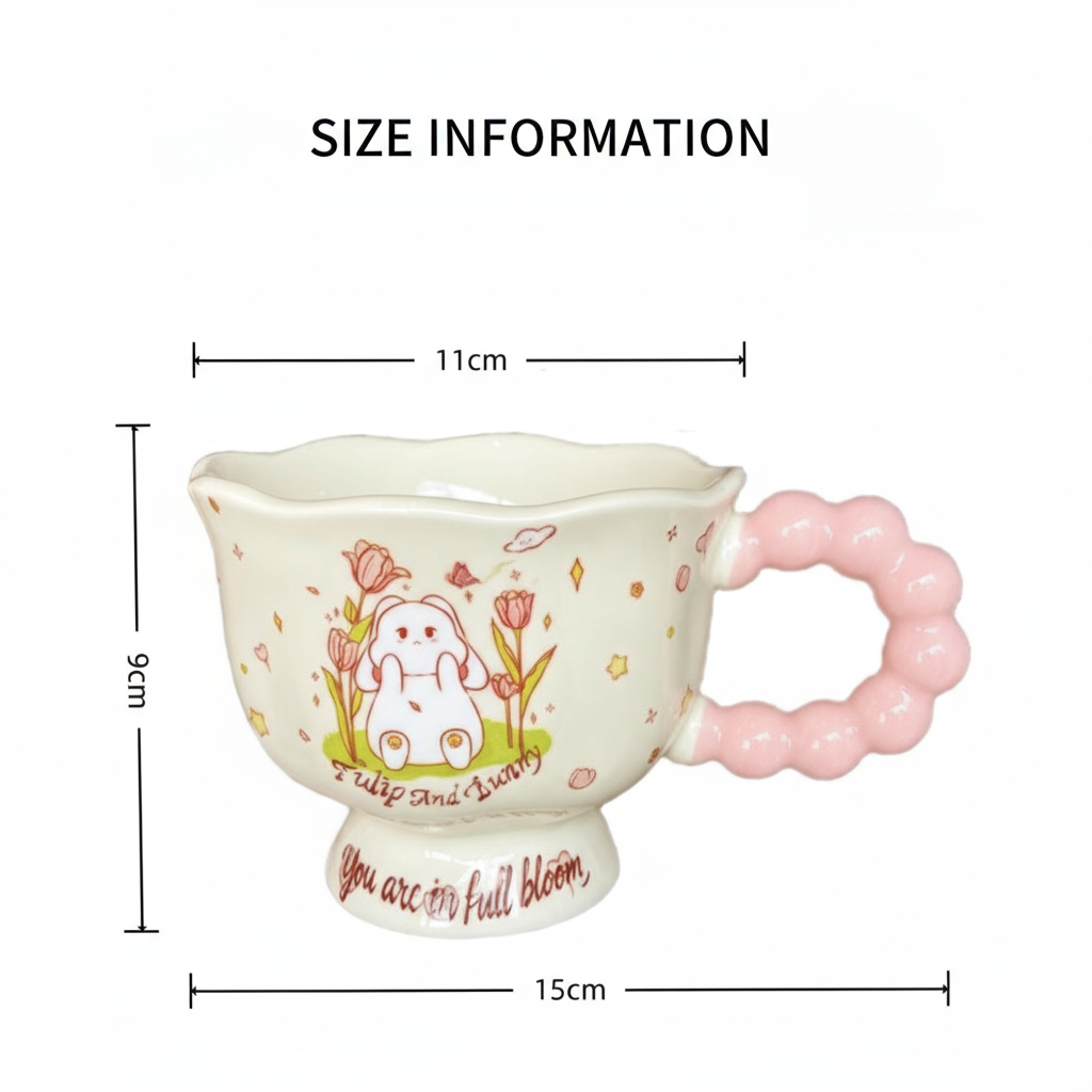 Coquette Tulip & Bunny Ceramic Mug – Pink Bead Handle + Bow Spoon